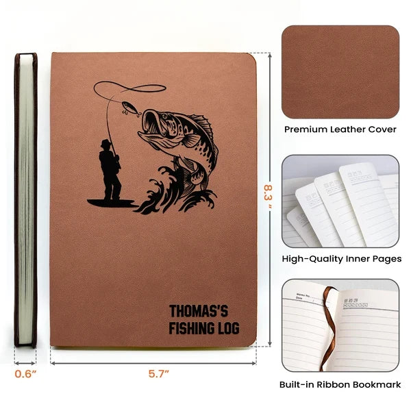 Personalized Leather Journal, Casting Angler and Leaping Fish Design for Fishing Memories, Creative Gift for Dad