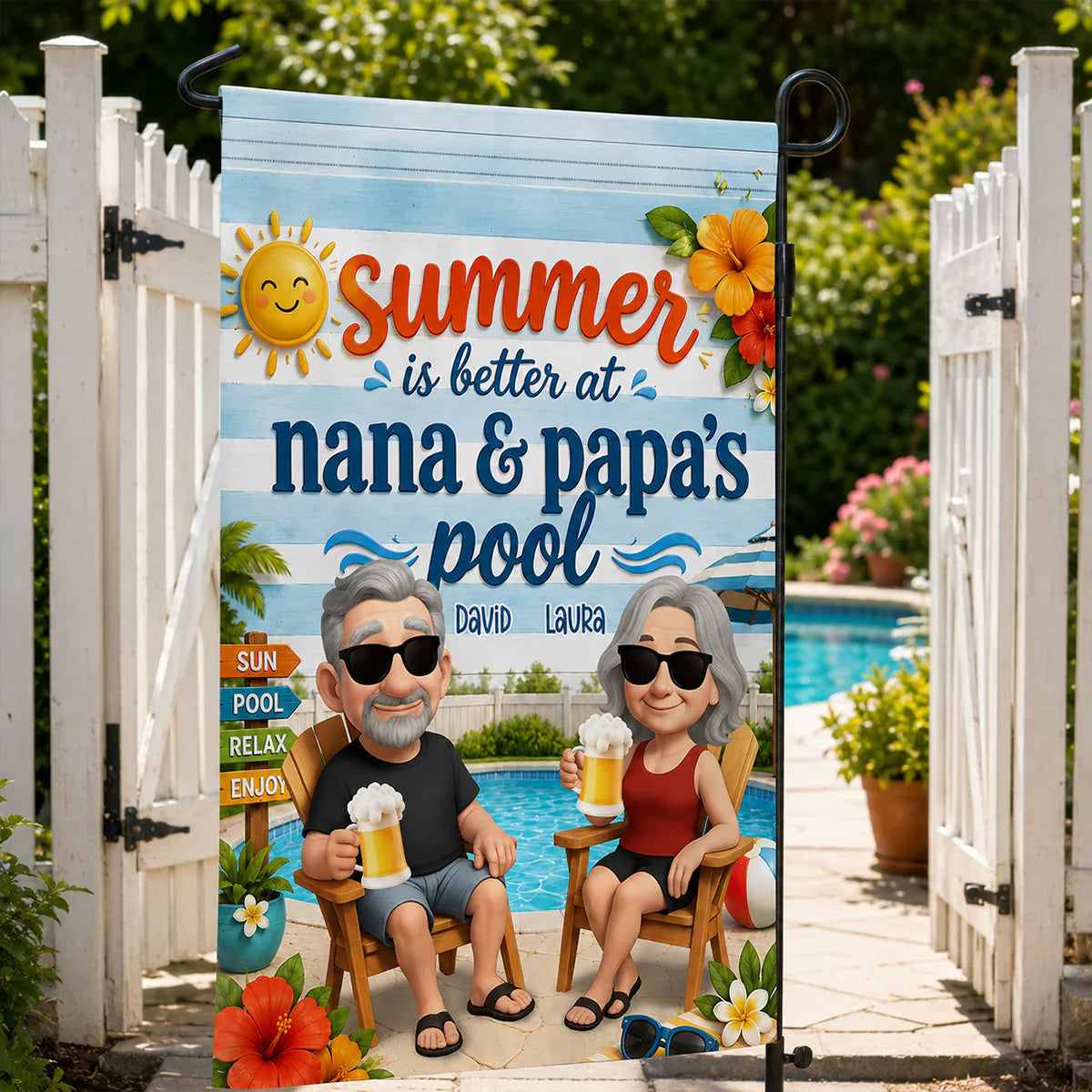 Personalized Garden Flag with Poolside Cartoon Grandparents, Unique Summer Gift for Nana & Papa