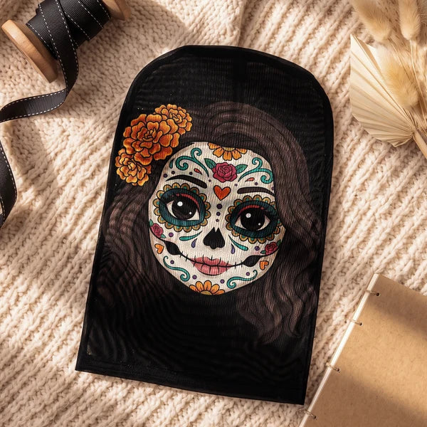 Personalized Mesh Print Balaclava Hat, Smiling Floral Sugar Skull, Creative Mexican Day of the Dead Gift for Him
