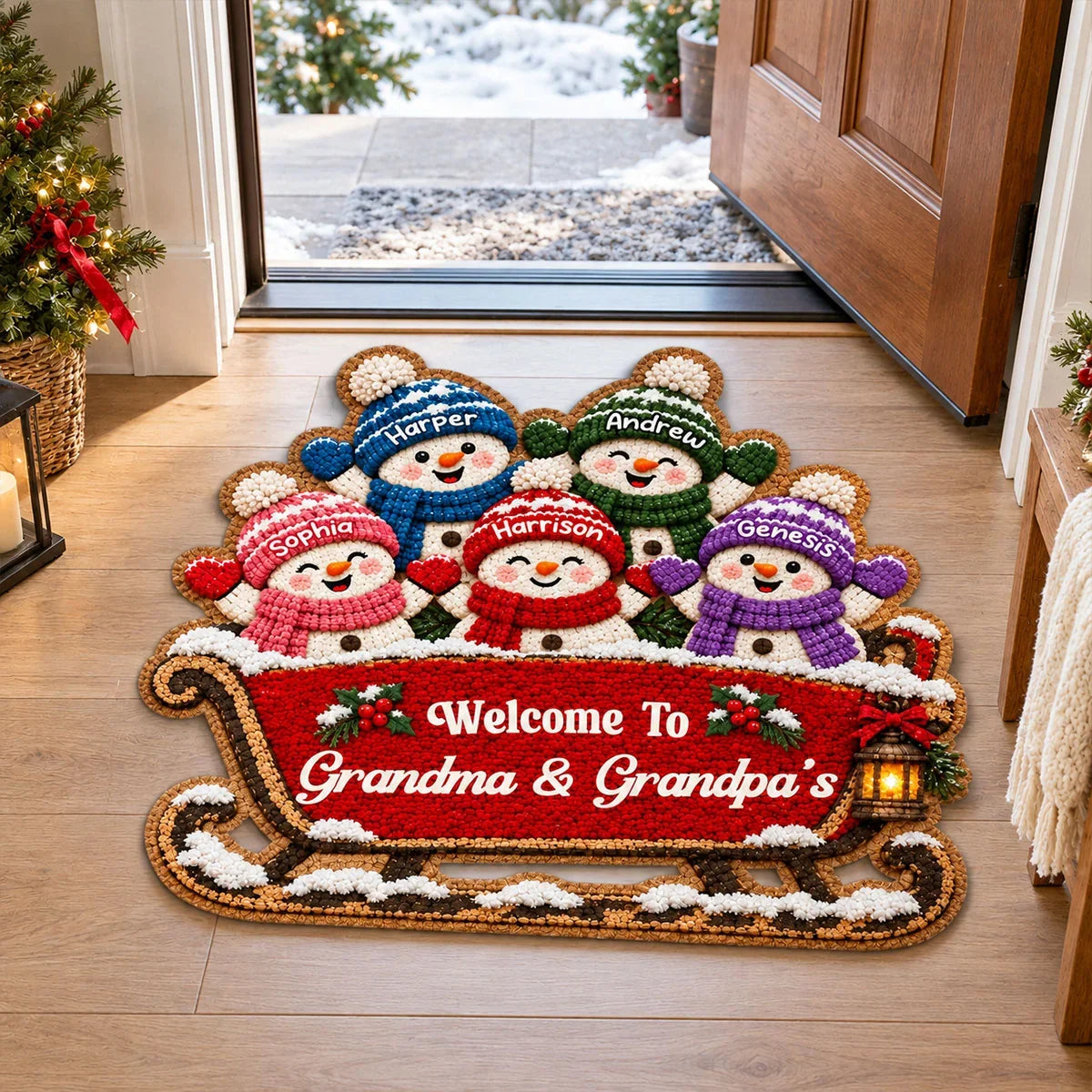 Personalized Shaped Doormat with Snowman Family on a Sleigh, Christmas Decor, Unique Gift for Grandparents