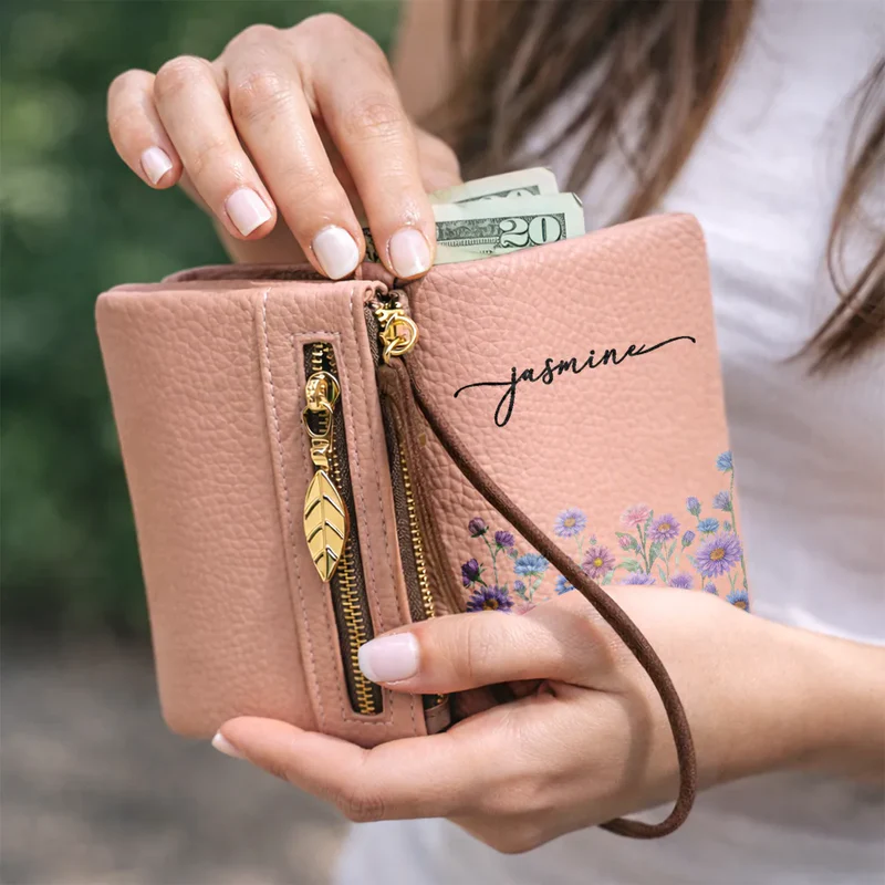 Blooming In Love Personalized Tri-Fold PU Leather Wristlet Wallet, Soft Pink Iris Wristlet, Thoughtful Gift for Her