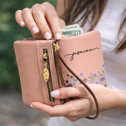Blooming In Love Personalized Tri-Fold PU Leather Wristlet Wallet, Soft Pink Iris Wristlet, Thoughtful Gift for Her