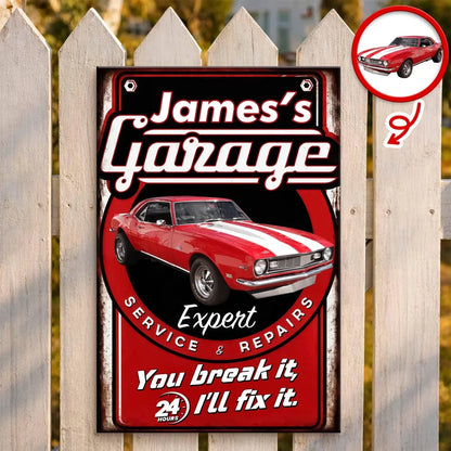 Personalized Rectangular Iron Sign, You Break It, I'll Fix It Garage Art, Creative Gift for Auto Enthusiasts