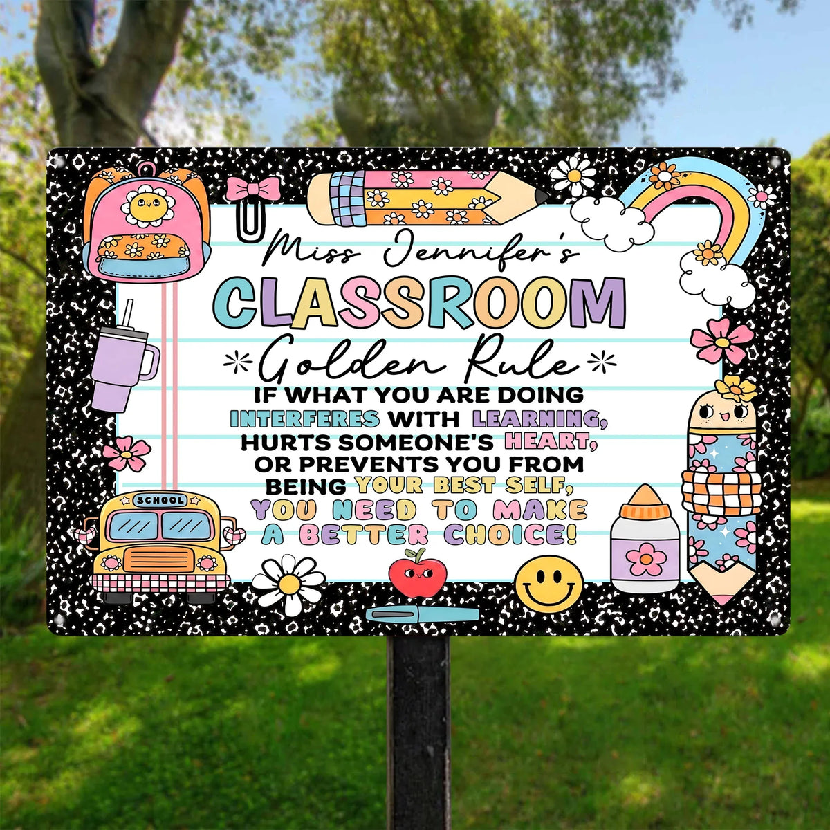 Personalized Rectangular Iron Sign for Teacher, Rainbow Classroom Golden Rule Decor, Unique Gift