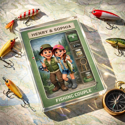 Personalized Rectangle Acrylic Block Plaque Fishing Couple Cartoon Keepsake for Lake-Loving Partners, Unique Creative Gift