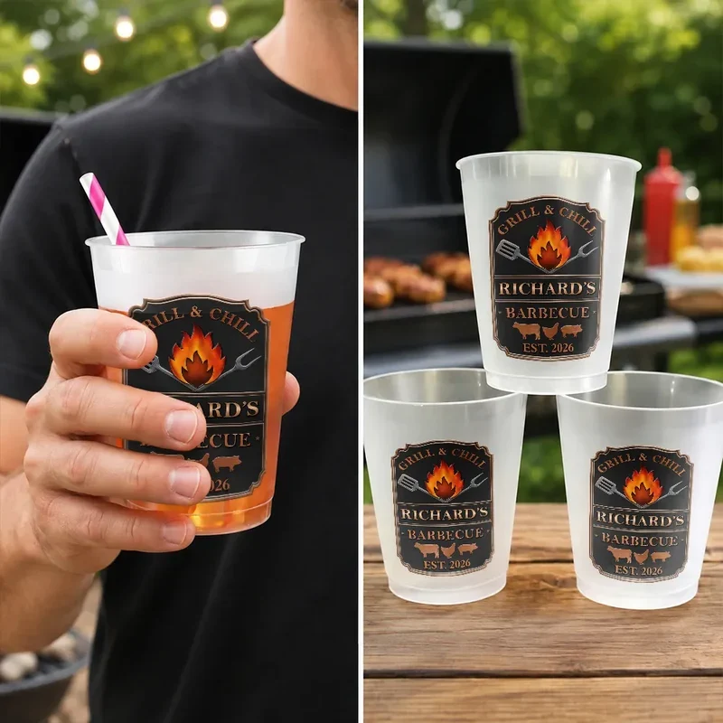 Personalized Frosted Plastic Cup, Vintage Grill & Chill Art for Backyard Barbecues, Unique Gift for Grill Lovers