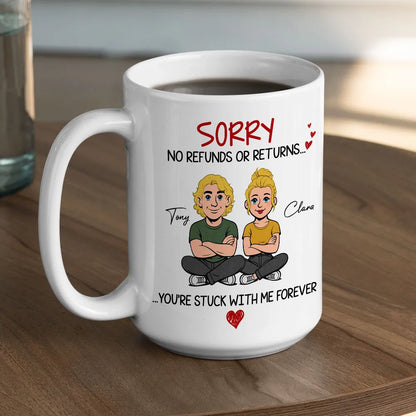 Personalized Funny Couple White Ceramic Mug 'You're Stuck With Me Forever' Cute Cartoon Gift for Husband or Wife