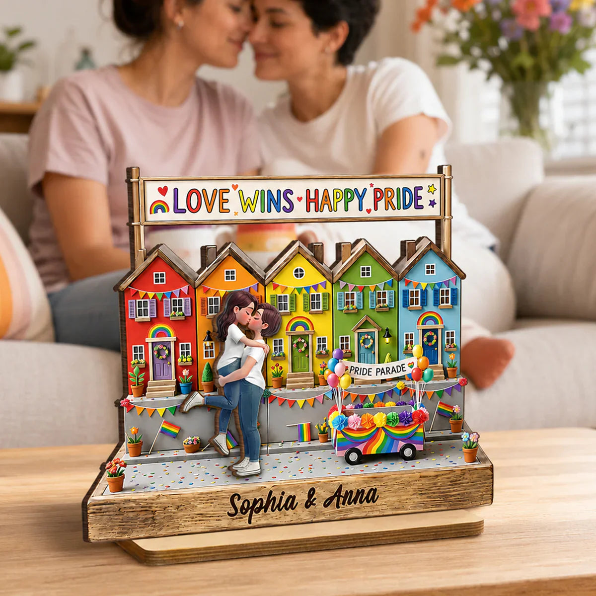 LGBT 2-Layer Wooden Plaque, Love Wins Rainbow Houses & Kissing Couple, Creative Gift for Partner