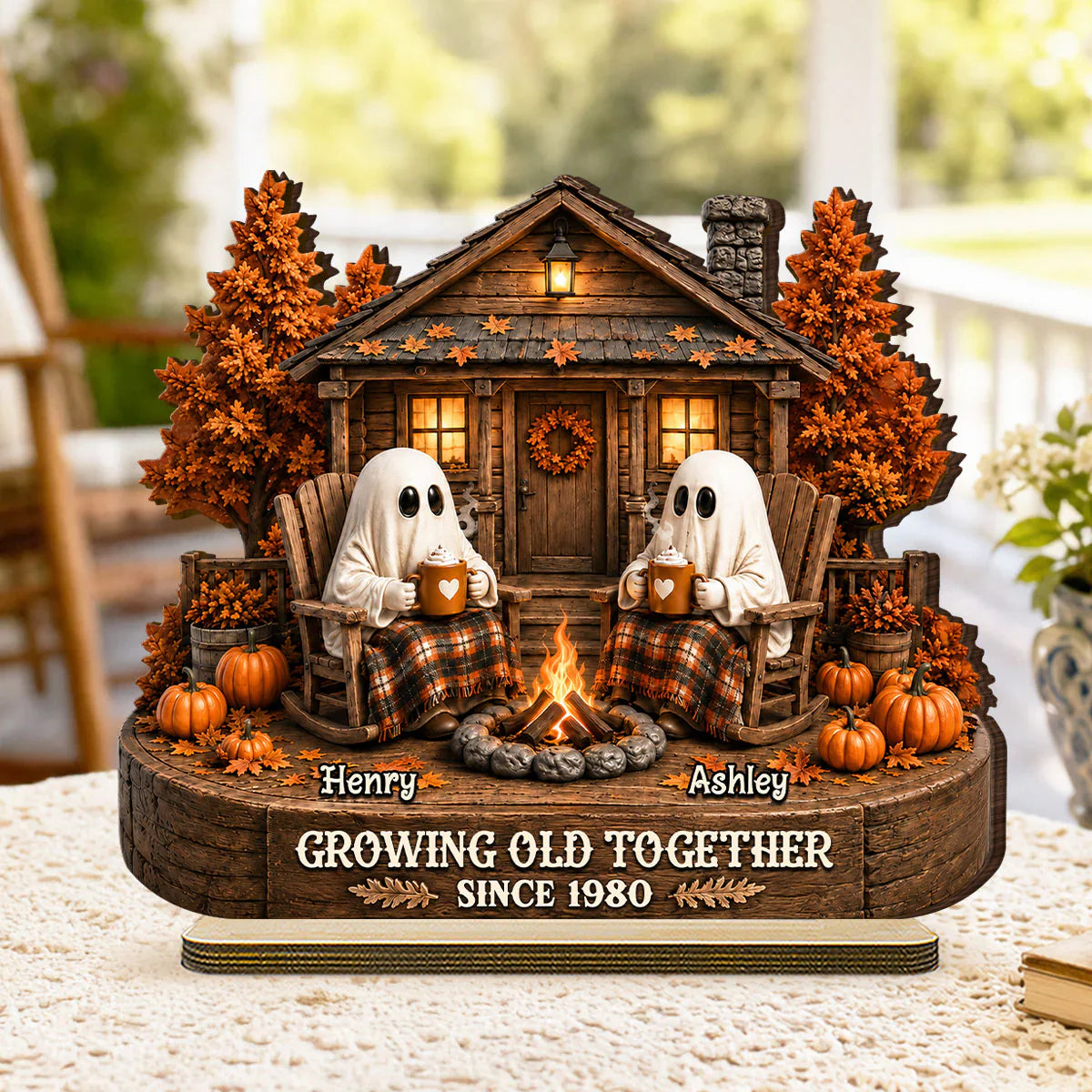 Personalized 2-Layer Wooden Plaque, Ghost Couple by Campfire, Unique Halloween Gift for Couples