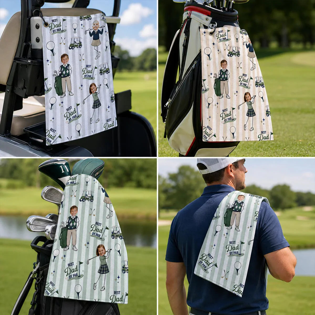 Custom Waffle Weave Golf Towel with Family Golf Art, Creative Gift for Dad's Golf Bag
