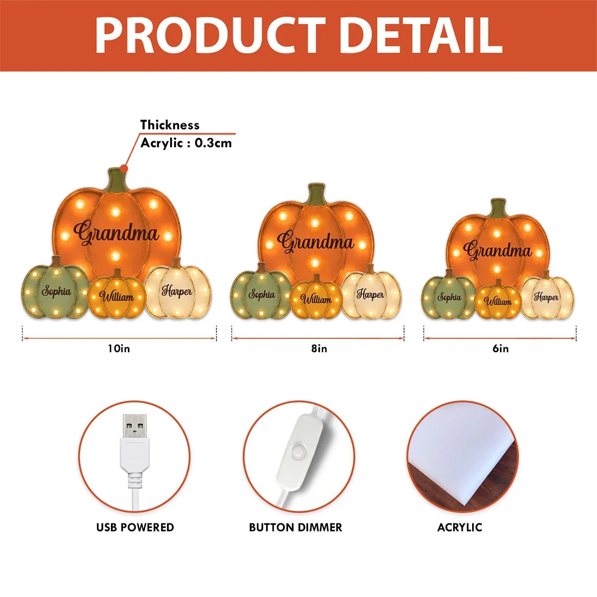 Personalized Grandma Acrylic Light Box with Little Pumpkins, Heartwarming Creative Gift for Family