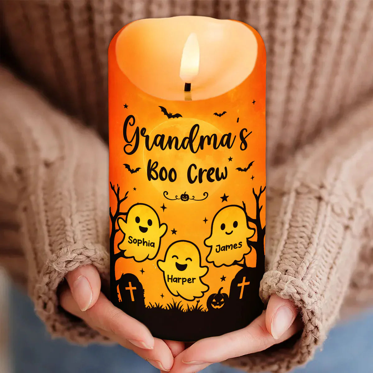 Grandma's Boo Crew Personalized Flameless LED Candle, Halloween Decor, Unique Gift for Grandma