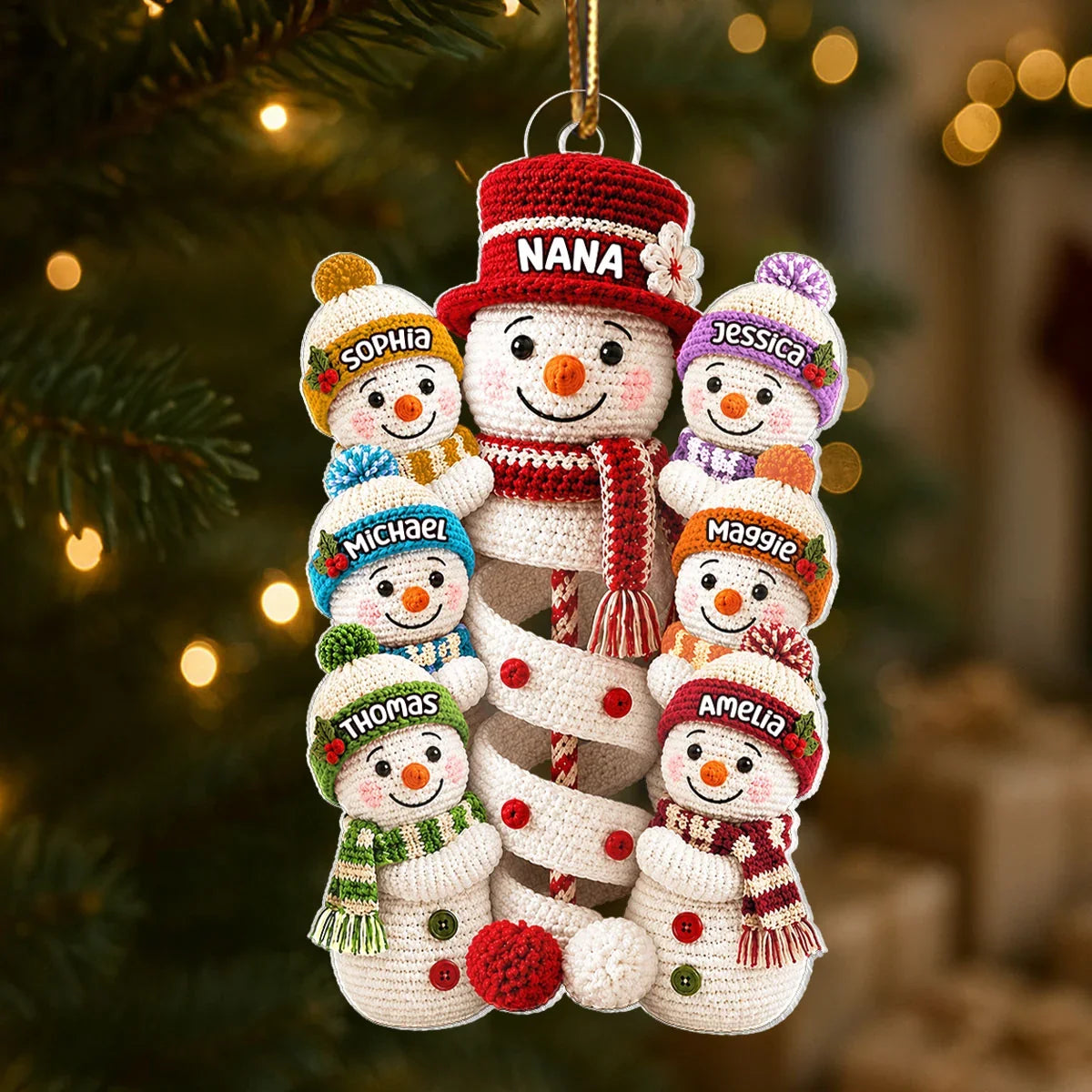 Personalized Acrylic Ornament, Crochet-Style Grandma and Grandkids Building a Snowman, Unique Christmas Gift
