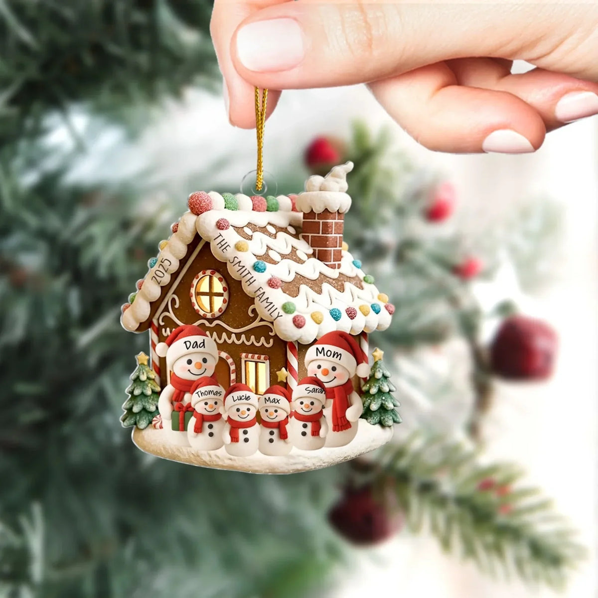 Personalized Acrylic Ornament, Snowman Family by a Gingerbread House, Unique Christmas Gift for Family
