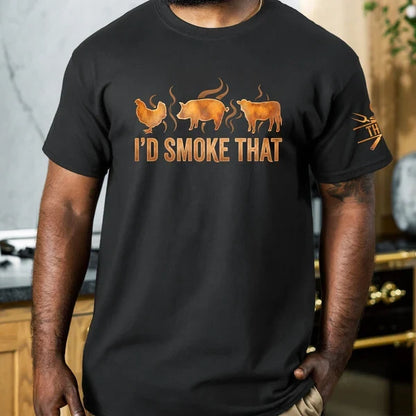 Personalized Dual Print Classic Tee, Funny I'd Smoke That BBQ Graphic for Backyard Grilling, Unique Gift for Grill Lovers