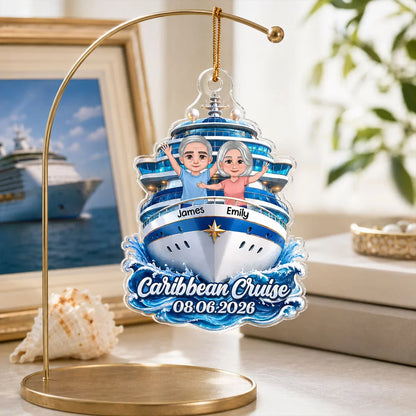 Personalized Acrylic Ornament, Waving Couple on Blue Cruise Ship, Unique Travel Gift for Couples