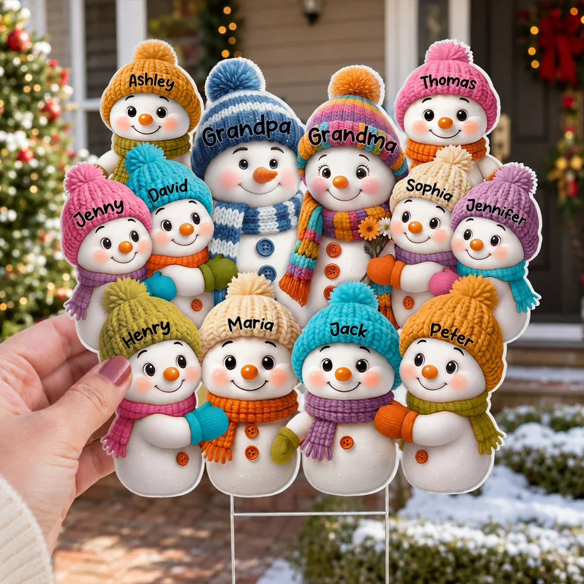 Personalized Shaped Yard Sign, Colorful Snowman Family in a Snowy Christmas Yard, Unique Gift for Grandparents
