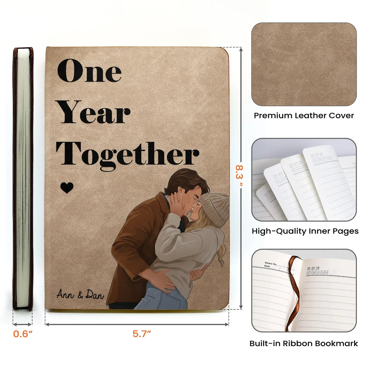 Personalized Leather Journal With Kissing Couple Portrait, Our Story So Far Unique Gift For A Couple