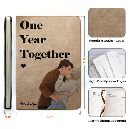 Personalized Leather Journal With Kissing Couple Portrait, Our Story So Far Unique Gift For A Couple