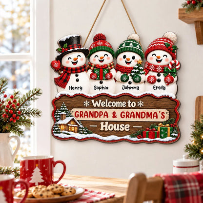 Personalized Snowman Family Wooden Sign, Snowy Cabin Door Decor, Unique Creative Gift for Grandparents