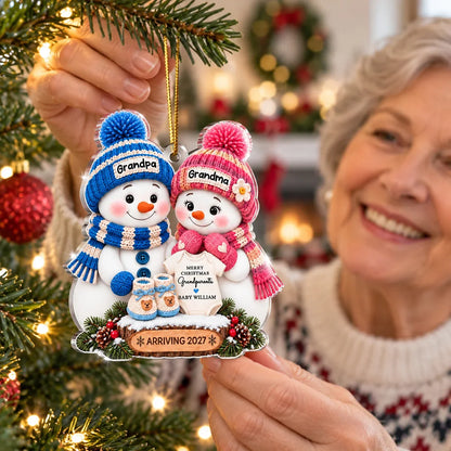 Personalized Acrylic Ornament, Cute Blue & Pink Snowman Grandparents with Baby Onesie, Unique Gift for Grandma & Grandpa