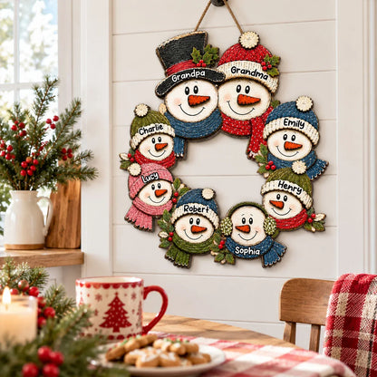 Personalized Wooden Sign, Rustic Snowman Family Wreath for Door or Porch, Unique Christmas Gift for Grandparents
