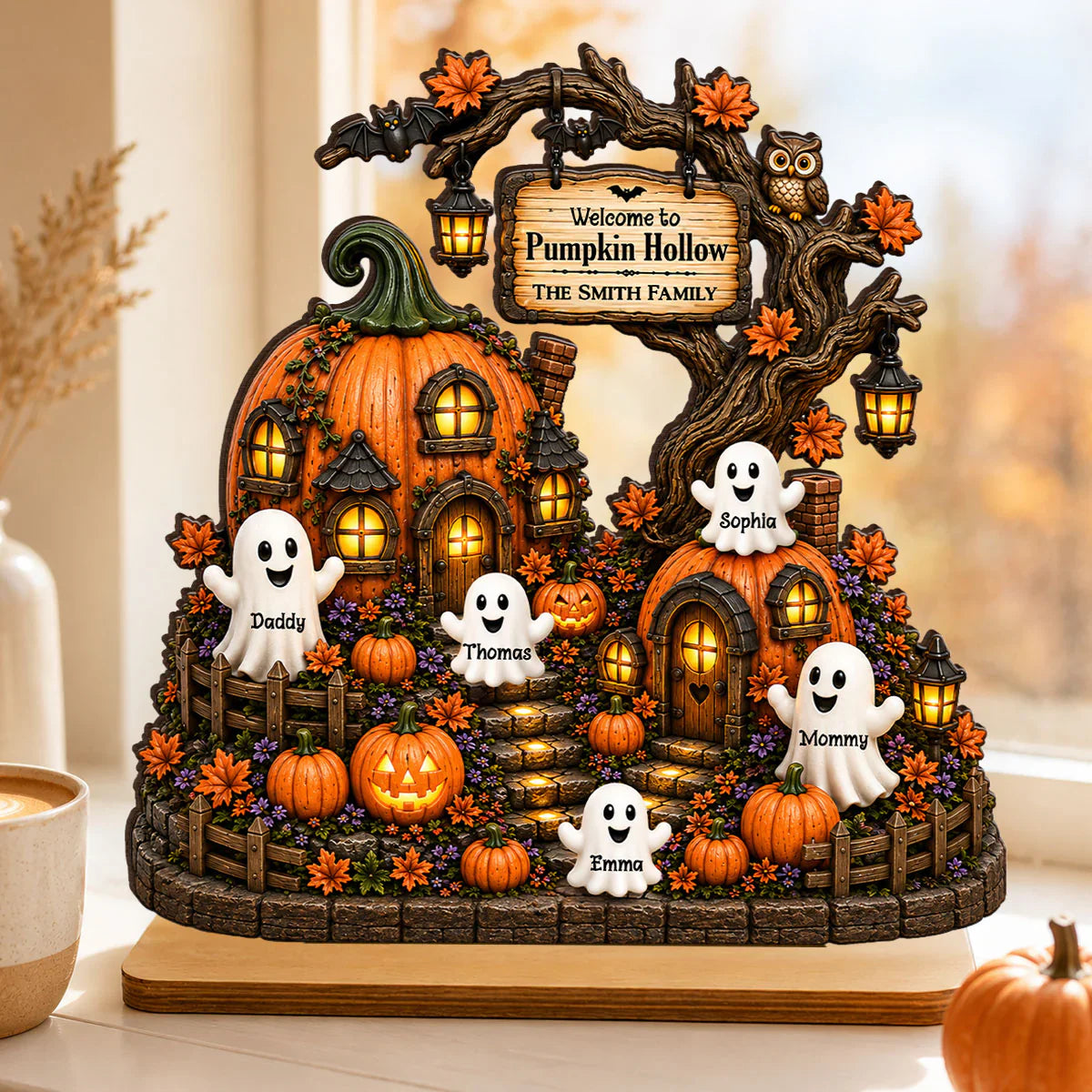 Personalized 2-Layer Wooden Plaque, Pumpkin Hollow Scene, Unique Halloween Gift for Family Decor