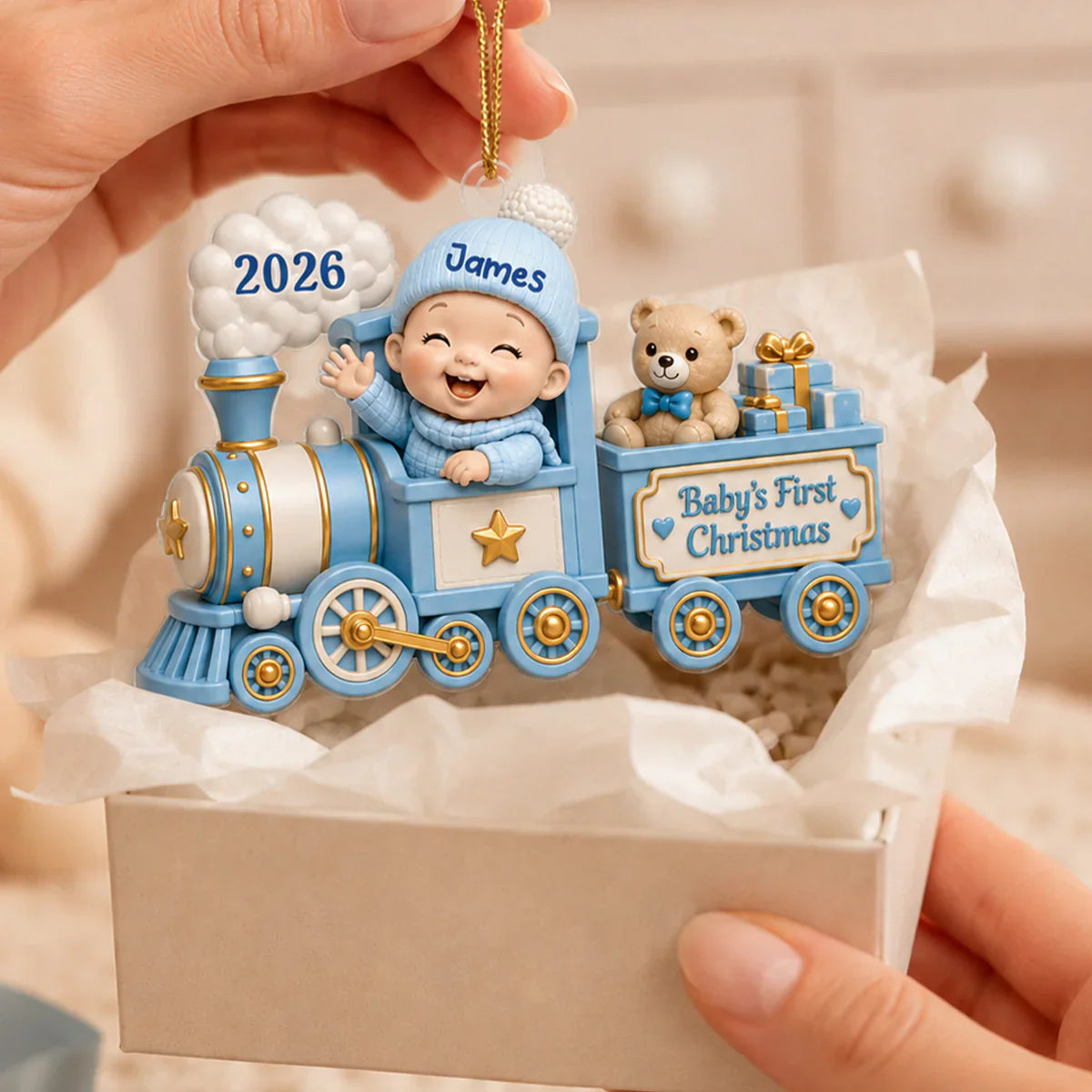 Personalized Acrylic Ornament, Waving Baby Toy Train First Christmas, Unique Gift for New Parents