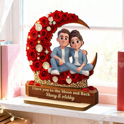 2-Layer Wooden Plaque Custom Couple on Red Rose Crescent Moon Sweet I Love You to the Moon and Back Keepsake Gift for Her or Him