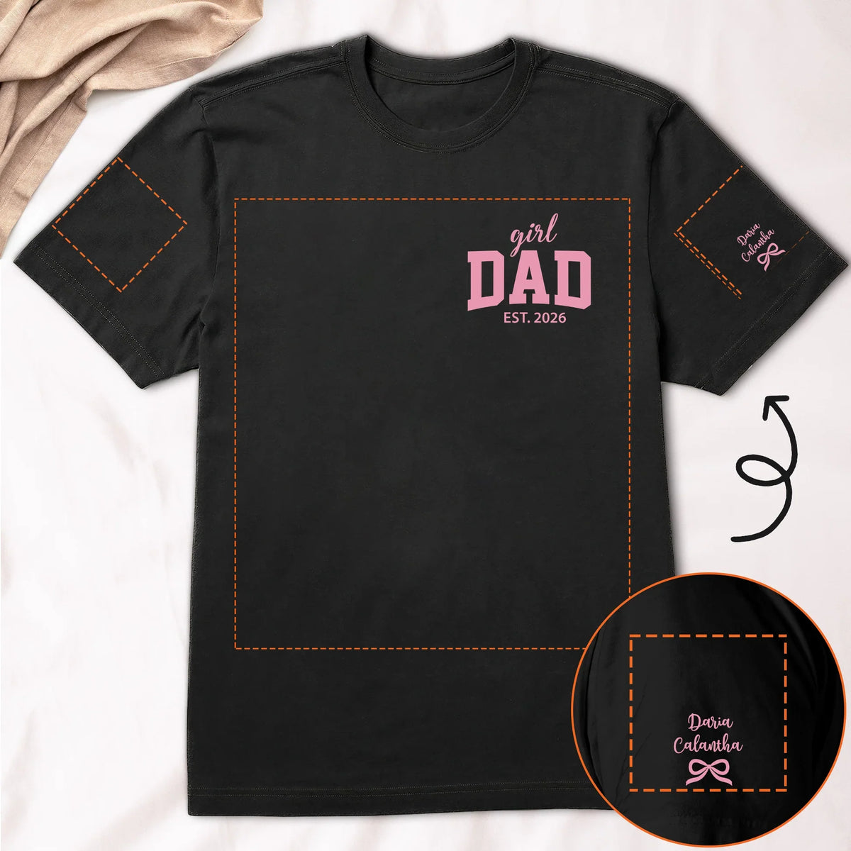 Personalized Girl Dad Dual Print Classic Tee, Pink Bow Design, Crossed Arms Look, Unique Creative Gift for Dad