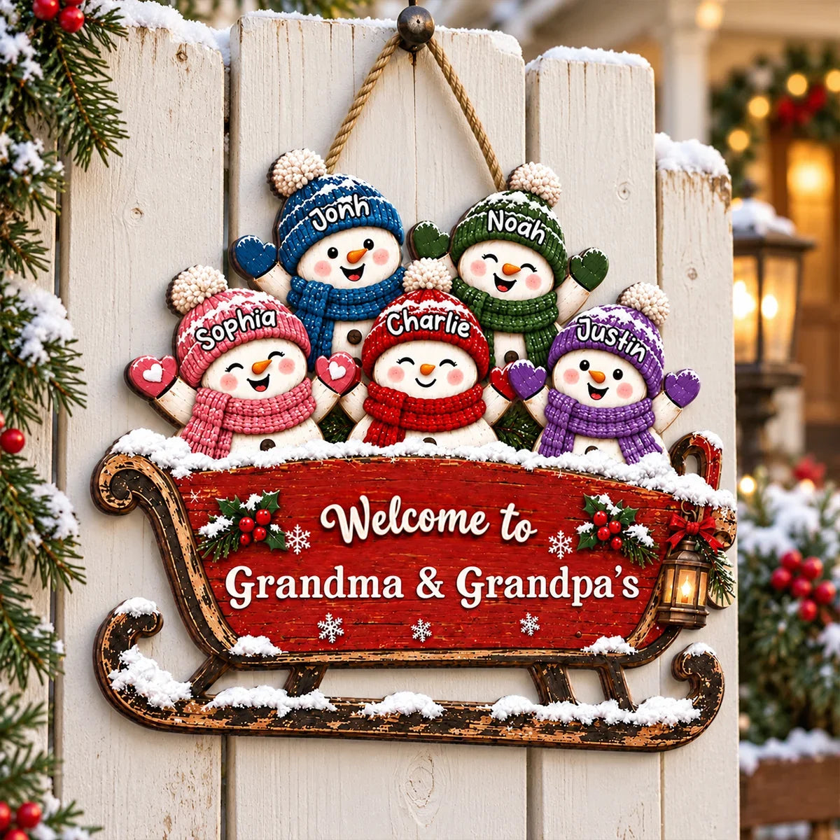 Personalized Wooden Sign with Cheerful Snowmen on a Sleigh, Unique Christmas Gift for Grandma & Grandpa