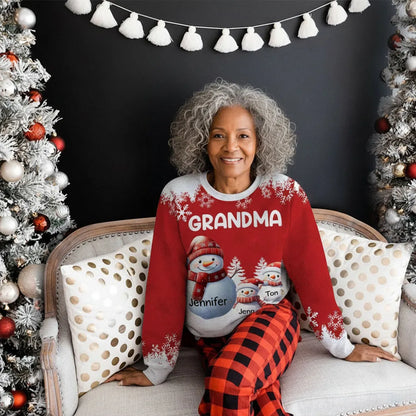 Snowman Family Sweatshirt, Personalized All-Over Print for Grandma, Festive Red, Snowy Forest vibe, a unique Christmas gift