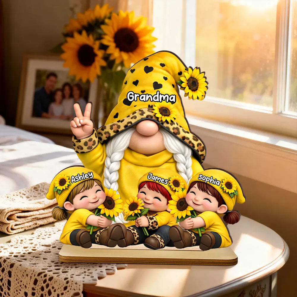 Personalized 2-Layer Wooden Plaque Grandma & Grandkids Gnome With Sunflowers for Living Room Display - Unique Gift for Grandma