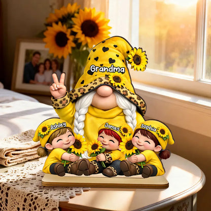 Personalized 2-Layer Wooden Plaque Grandma & Grandkids Gnome With Sunflowers for Living Room Display - Unique Gift for Grandma