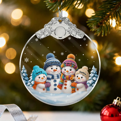 Snowman Family Silver Capped Glass Ornament – Heartwarming Holiday Gift for Grandma & Loved Ones