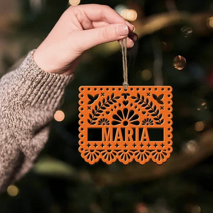 Personalized Wooden Ornament, Bright Papel Picado Art for Christmas Trees, Creative Keepsake Gift for Mom or Dad