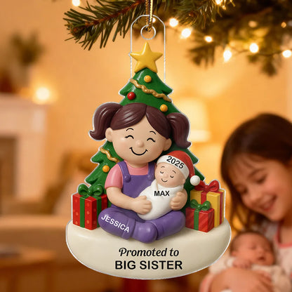 Personalized Acrylic Ornament, Big Sister or Big Brother Holding a New Baby by a Christmas Tree, Unique Sibling Gift