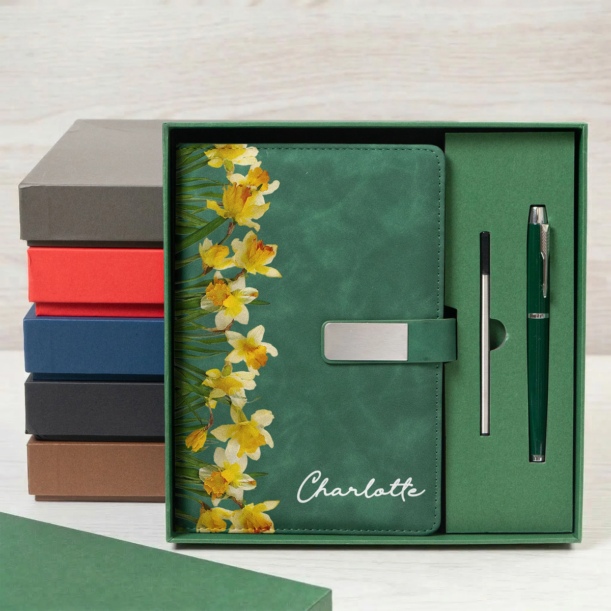 Custom Floral Metal Buckle Notebook Set with Name, Deep Navy Botanical Style, Thoughtful Gift for Daughter or Friend