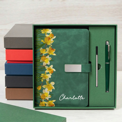 Custom Floral Metal Buckle Notebook Set with Name, Deep Navy Botanical Style, Thoughtful Gift for Daughter or Friend