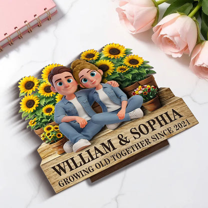 Growing Old Together Since 2-Layer Wooden Plaque with Cozy Couple and Sunflowers Unique Anniversary Gift for Him or Her