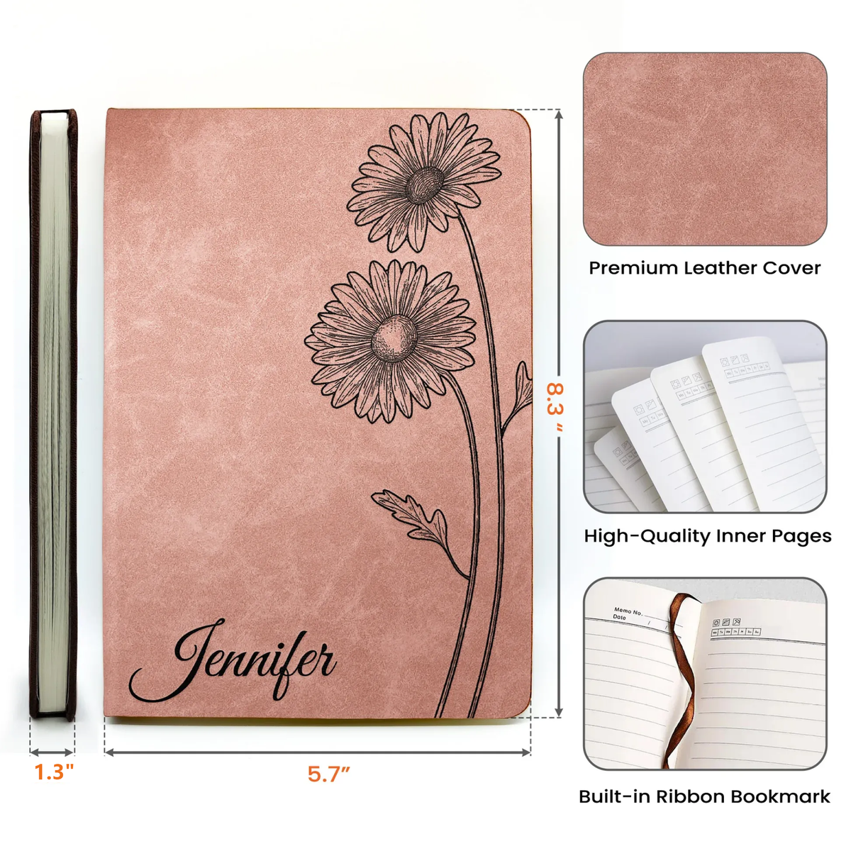 Personalized Leather Journal with Birth Flower Design – Custom Name Notebook Keepsake, Thoughtful Unique Gift for Her