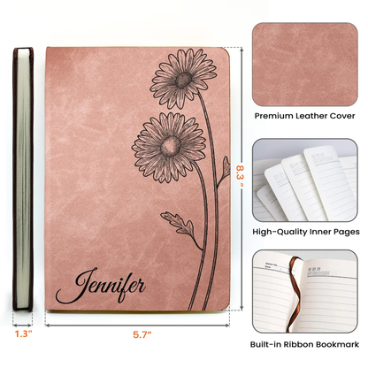 Personalized Leather Journal with Birth Flower Design – Custom Name Notebook Keepsake, Thoughtful Unique Gift for Her
