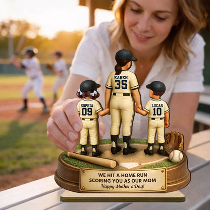 Personalized 2-Layer Wooden Plaque, Baseball Mom Holding Kids' Hands, 'We Hit a Home Run' Message, Unique Mother's Day Gift