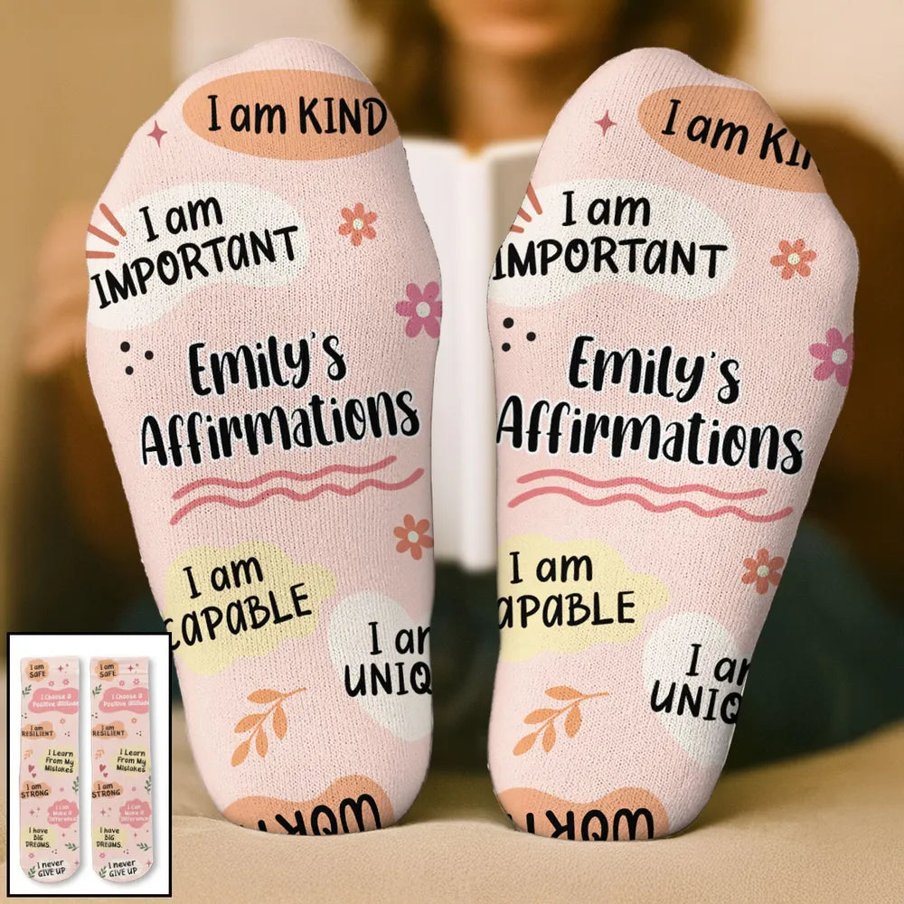 Kids Crew Socks with I Am Kind Affirmations, Personalized Encouragement, Creative Gift for Son or Daughter