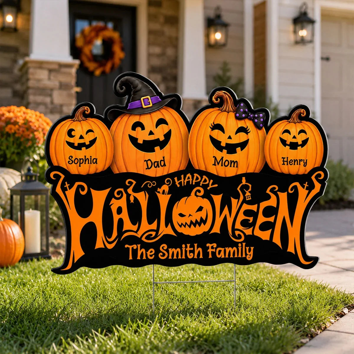 Personalized Shaped Yard Sign with Smiling Jack-O-Lantern Family, Front Yard Halloween Decor, Unique Family Gift