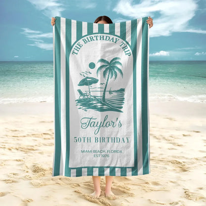 Custom Beach Towel with Pink Tropical Palms, Vacation Vibe for Beach Trip or Cruise, Thoughtful Birthday Gift