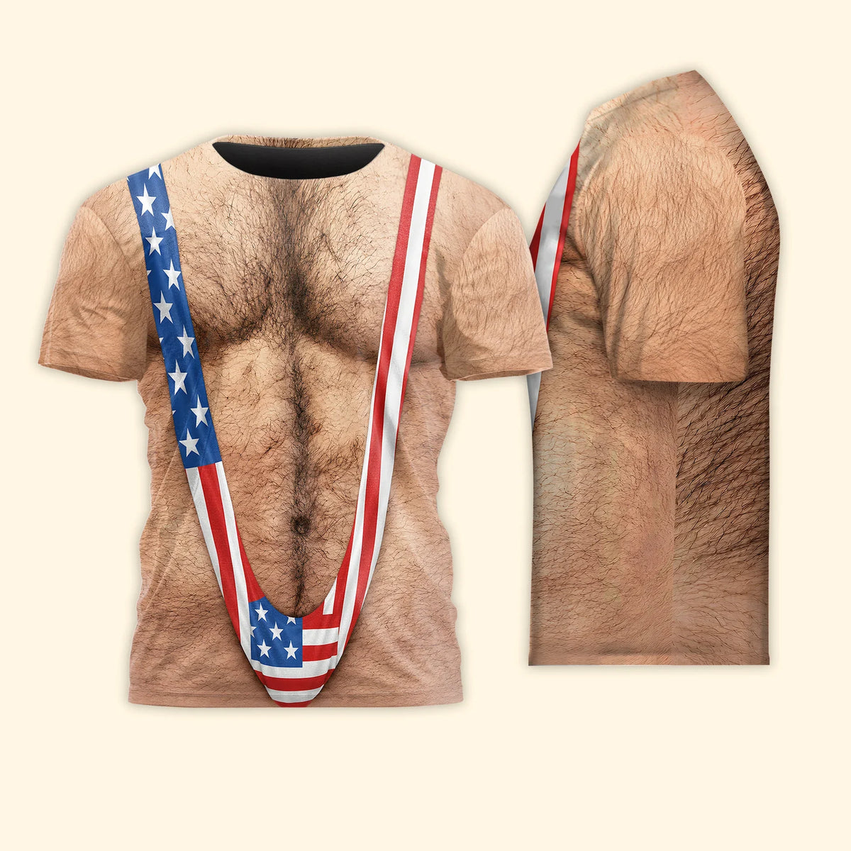 Printed Classic Tee, Patriotic Hairy Body Illusion, Laughing Man Outdoor Party, Unique Gift for Dad