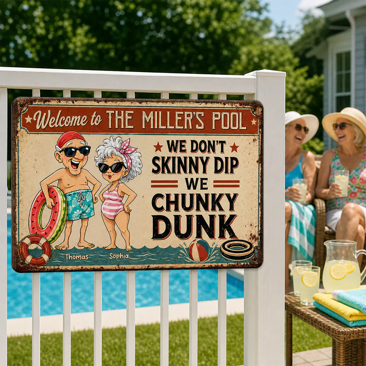 Personalized Rectangular Iron Sign, Vintage Chunky Dunk Pool Decor with Smiling Swimmers, Unique Gift for Pool Owners