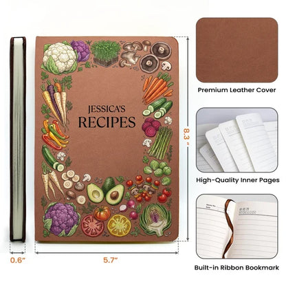 Personalized Leather Journal, Family Recipe Keepsake with Botanical Food Art, Creative Gift for Home Cooks