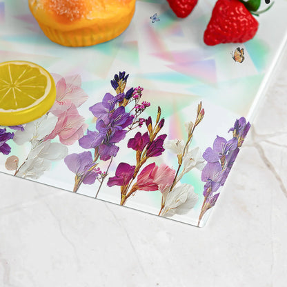 Tempered Glass Cutting Board With Custom Script Name, Watercolor Flowers, Creative Kitchen Gift for Her